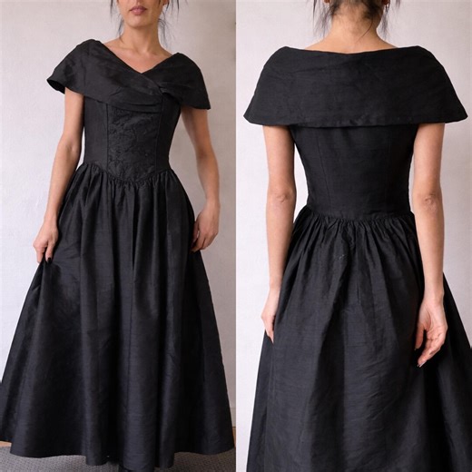 Laura Ashley Vintage 80s Black Silk Cocktail Dress, Embroidered Bodice, 40s Inspired Dark Coquette Party Gown M - Etsy