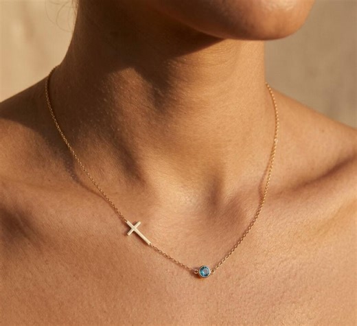 Gold Cross Necklace With Blue Stone Minimalist Dainty Pendant Elegant Christian Jewelry Gift for Her - Etsy
