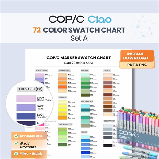 Copic Ciao 72 Color Swatch Chart Set A (PDF & PNG) - Etsy