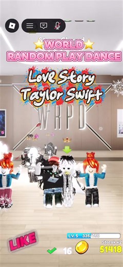 1MOTION GAMES presents ⭐️ WORLD Random Play Dance ⭐️ 🎶 LOVE STORY🎙️TAYLOR SWIFT🎶 Come and Play with us. Follow our Socials and visit our Discord for more updates. #worldrandomplaydance #worldrandomplaydanceroroblox #roblox #fyp #robloxgames