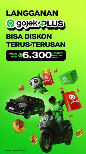Diskon Terus-terusan s.d. 10rb di setiap transaksi Gojek. Mulai dari Rp6.300/bulan* aja~ | Gojek Indonesia