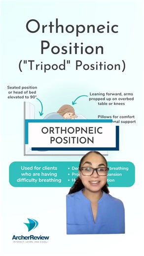 Archer Nursing on Instagram: "Let's talk about a lesser-known position - the orthopneic position! This is also known as the tripod position. You'll have your client lean forward and prop their elbows up on the bedside table or their knees - add pillows to make it more comfortable! This position is ideal for an acute COPD or asthma exacerbation, or anytime a client is having trouble breathing. Sometimes, clients having a hard time catching their breath will naturally do this. When they are leanin