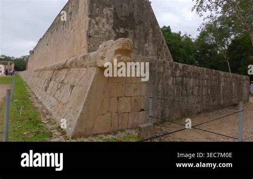 Ancient stone carvings on walls of Great Ball Court in Chichen Itza, Mexico. Detailed Mayan reliefs at historic stadium. Archaeology, heritage, culture and travel destination concept Stock Video Footage - Alamy