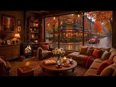 Enchanting Rainy Autumn Café 🍂 Soft Jazz Piano, Rain Sounds & Cozy Fireplace for Peaceful Evenings
