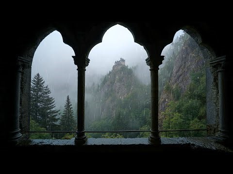 4K Rainy Castle Window View | Medieval Castle Ambience & Thunderstorm Sounds for Sleeping