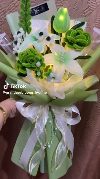 Handmade Green Bouquet with Fuzzy Wire Flowers