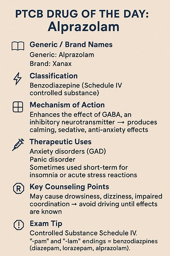 📚💊 PTCB Drug of the Day: Alprazolam (Xanax) 🚨 Quick facts every tech needs to know 👩‍⚕️👨‍⚕️ 👉 Anxiety • Panic • Sedation 👉 Schedule IV controlled substance 👉 “-lam / -pam” = benzos 🧠 Stay ready so you don’t have to get ready ✍️ #PTCB #PharmacyTech #StudyTok #PharmacySchool #MedFacts