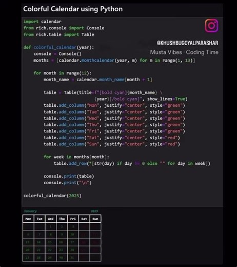 Colourful calendar using python #pythoncalendar #python #calendar