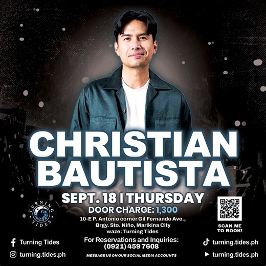Christian Bautista Live This September 18 — Just Days Away!🎤 Get ready for an unforgettable night with Christian Bautista this Thursday, September 18 at Turning Tides, Marikina! 📍 Turning Tides, Marikina 🎟️ Door Charge: ₱1,300 🕗 Show starts at 8PM 📲 DM us and Reserve now! #ChristianBautistaLive #TurningTidesPH #MarikinaEvents #OP | Turning Tides