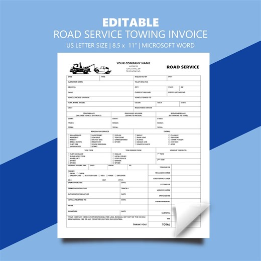 Editable Road Service Towing Registration Invoice Form: Microsoft Word - Etsy