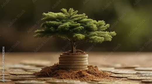 A small green tree growing from a stack of gold coins on a bed of soil, symbolizing financial growth and investment.