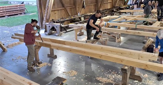 Our 23rd timber framing and full scribe log building class in action. Hands, not machines. If you are willing to join our courses in 2026, write an email to courses@northmen.com. There are still spots left in this years last course in September. Apply here - https://northmen.com/en/courses/timber-framing-and-log-building/apply-for-a-course | Northmen