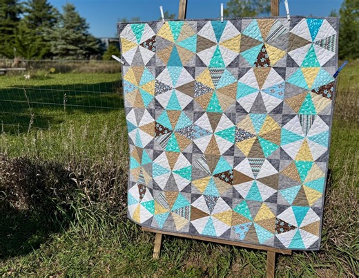 Handmade Triangle Patchwork Throw Quilt: Modern Teal, Gray Cotton (52" X 52") - Etsy