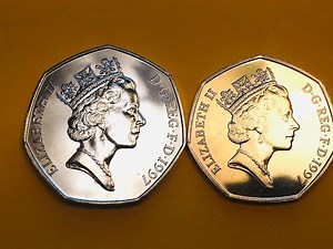 UK 1997 2 Different Sized 50 Pence - Great Britain’s Large and Small 50P Same Value Different Weight