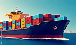 2D cartoon style cargo ship with containers in the ocean set against a blue background representing maritime transportation and shipping freight concepts