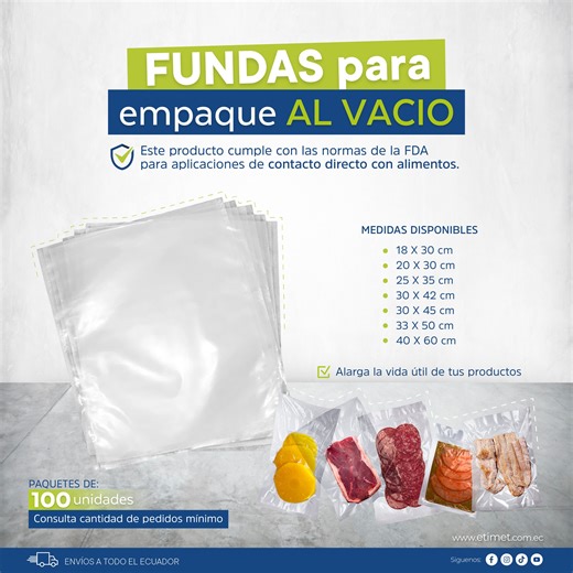 Necesitas que tu producto se almacene por más tiempo? 🤩 ¡Hazlo con nuestras fundas de empaque al vacío, son ideales para conservar sabores! . 🧀🥩 Empacar al vacío te da muchos beneficios, estos son algunas ventajas de nuestros empaques: ✅ Prolonga la vida útil de los alimentos hasta por 5 veces más tiempo. ✅ Resistente a aceites, resistencia orgánica. ✅ Propiedad de barrera de gases, muy baja permeabilidad de oxígeno. ✅ Adaptable a cualquier producto. ✅ Excelente presentación con brillo y tran