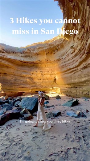 3 hikes you have to do in San Diego Part 1 🌞 📍 Sunset Cliffs Cave Hike Short… but not simple. You’ll climb down slippery rocks, walk through water, and time everything with the tide. It’s adventurous in the best way — but only attempt this during a negative low tide (and make sure it stays negative for at least 2 hours). We stayed about 30–45 minutes before heading back. Safety first, always 🤍 Start coordinates: (32.7253778, -117.2584299) 📍 South Clevenger Canyon 6.4 miles of pure golden Cal