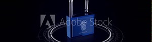 Lock 3D blue cyber security.Fingerprint scanner.Old Lock new technology. Technological UI HUD opening lock, access and programming code hacking and protection. Sci Fi futuristic animation.