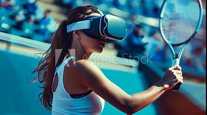 A female tennis player in VR enjoys a virtual match, Tennis player wearing virtual reality VR glasses