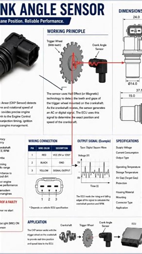 "Crank angle sensor monitors crankshaft position and engine speed. #automobile #motorparts