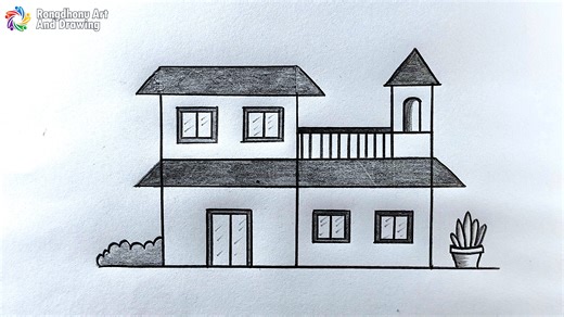 2-storey House Drawing And Pencil Sketch | Beautiful House Drawing Tutorial | Rongdhonu Art and Drawing