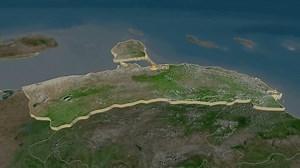 Falcón, estado con su capital, se zoomizó y extrudió en el mapa satelital de Venezuela en la proyección esterográfica conformal