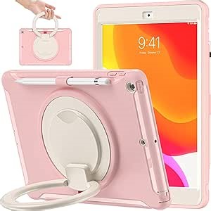 BATYUE Shockproof Case for iPad 9th 8th 7th Gen 10.2 Inch, Pink | 3in1 PC+TPU, Heavy Duty, 360° Rotatable Ring Stand for Grip, Carry, Hang & Multi-Angle View, Screen Protector, Pencil Holder