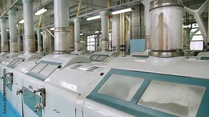 Flour mill. Manufacture of flour and cereals. Wheat milling. Production of wheat flour. Wheat flour milling equipment at the plant. Grain equipment.