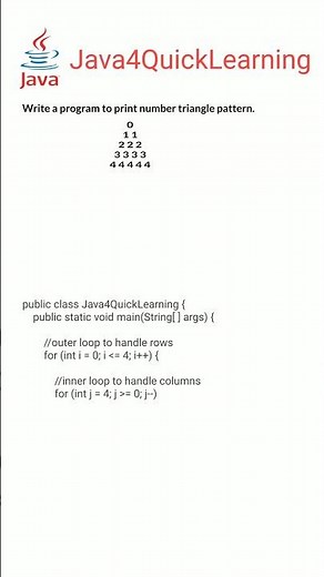 Program to print number triangle pattern in java || Interview Questions #java4quicklearning