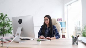 Lady assistant sit table using pc doing boss presentation in modern office