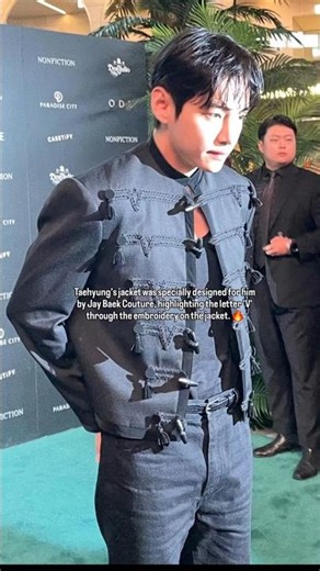 The jacket Taehyung wore was designed exclusively for him! Did you notice the ‘V’ embroidery detail?