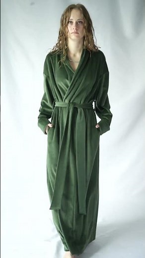 COTTON 100% Floor Length Dressing Gown / Green Long Velvet Robe / Handmade maxi Bathrobe