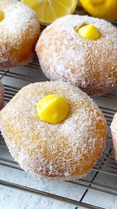 Lemon Curd Donuts 🍋😋 Ending our Lemon series with these delicious Lemon Curd Donuts. We love the fried outside and the super soft inside! Full recipe below. Ingredients Dough: * 3 1/2 cups all-purpose flour * 1/2 cup sugar * 2 1/4 tsp rapid-rise yeast, standard package * 1 tsp cinnamon * 8 tbsp unsalted butter, softened, cubed * 1/2 cup milk, warm * 3 eggs * 1 tsp vanilla extract * 1/4 tsp salt * For frying 6 cups vegetable oil Filling: * 3.4 oz box vanilla pudding * 1 cup of milk * 1 cup lemo