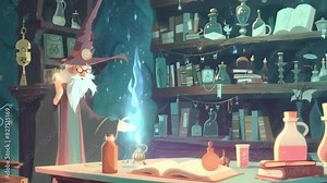 An animation showcasing a wizard's tower filled with magical artifacts, books, and potions, with the wizard casting spells
