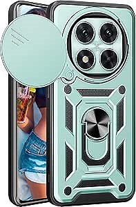 for Xiaomi Redmi Note 14 Pro Case with Ring Kickstand - Slide Camera Cover, Military Grade Shockproof Protection Rugged Armor Cover for Xiaomi Redmi Note 14 Pro SJ-Green