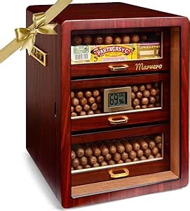 Cigar Humidors, Cedar Wood Humidor with Digital Hygrometer, Drawers, Humidifiers and Gold-Plated Hardwares. Cigar humidor Cabinet for Men Husband Father, 150 Cigars Capacity Ebony Color