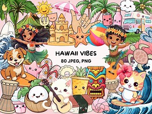 Hawaii Vibes Clipart | 80 Kawaii Hawaii Graphics | Beach Getaway, Surfing Life | Tiki Bar, Cocktail PNG - Printable for Travel Planners - Etsy