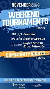  FGN event registrations are NOW OPEN for November!   Get ready for an action-packed month with exciting tournaments and themed community nights!  Head over to FiberGamingNetwork.com to sign up and join the fun. Who's ready to battle it out?   Which event are you most excited for this month? #fibergamingnetwork #fgn #gaming #gamer #game #tournament | Paul Bunyan Communications | Facebook