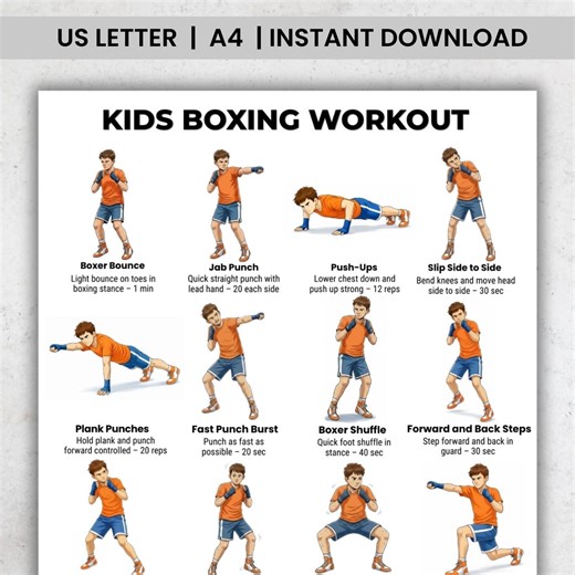 Kids Boxing Workout Printable PDF, Kids Fitness Routine Chart, Home Exercise for Boys and Girls, Boxing Training Poster - Etsy