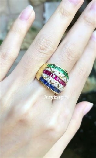 Vintage 4.2ctw Asscher Cut Ruby & Sapphire & Emerald Band Ring