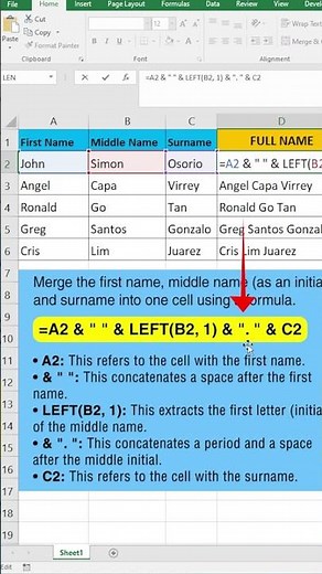 Merging Full Names in Excel with Middle Initials #shorts