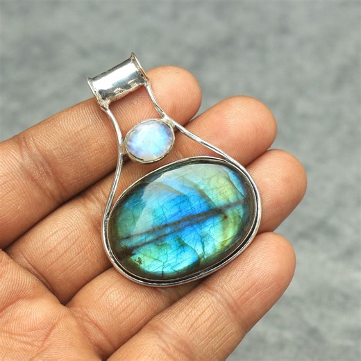 Labradorite Moonstone 925 Sterling Silver Pendant - Handmade Evil Eye Design - Etsy UK
