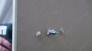 Screw fixation with plastic dowel in drywall hole, electric screwdriver assembling screw and fastening with dowel, work with plasterboard and screws