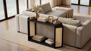 Hallway Table, 53.6" Narrow Farmhouse Console Table with Woven Rattan Shelf & 2-Tier Storage for Entryway, Living Room, Sofa (Blue)