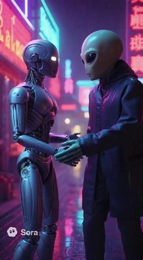 Robot & Alien Handshake in Neon 🌧️