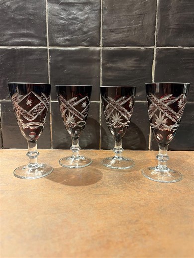 Set of 4 Vintage Ruby Red Cut Crystal Glasses – Bohemian Overlay Glass – Mid Century Stemware - Etsy