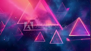 A vibrant scene of neon pink triangles floating against a cosmic background filled with stars. The geometric shapes contrast strikingly with the dark, starry sky, creating a futuristic and surreal