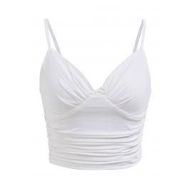 Knotted V-Neck Ruched Crop Cami Top in White