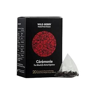 Ceremonie Wild Berry Herbal Fruit Infusion Tea - Full-Bodied, Sweet & Fruity - Caffeine Free with Hibiscus & Wild Berries - Bright Red Hue - 2-3 Minutes Steep Time - 20 Transparent Pyramid Sachet