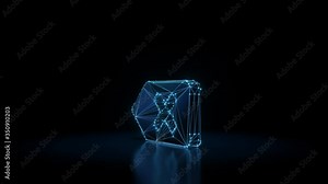 3d rendering seamless loop 4k rotation wireframe neon glowing symbol of backspace button with cross with shining dots on black background with blured reflection on floor
